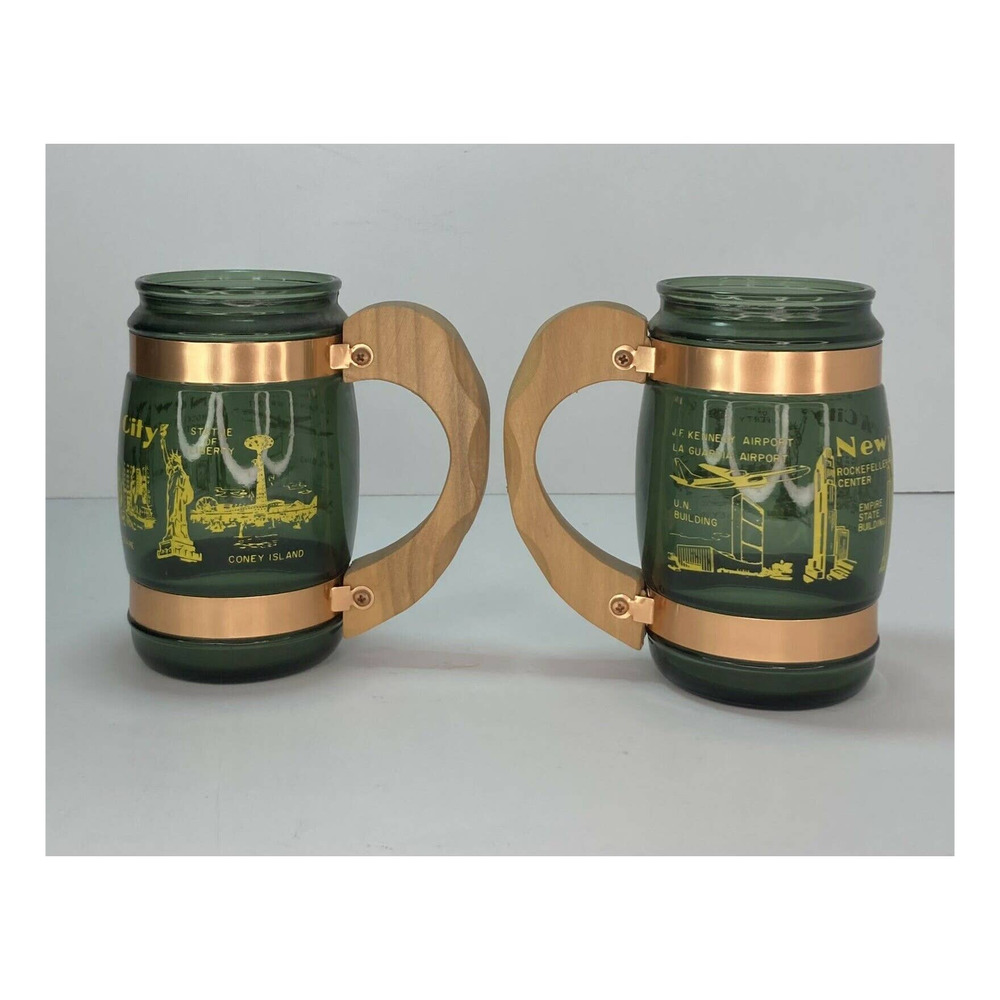 VTG Green Handled SIESTA WARE New York City Souvenir Mugs, H5”XW2.5”